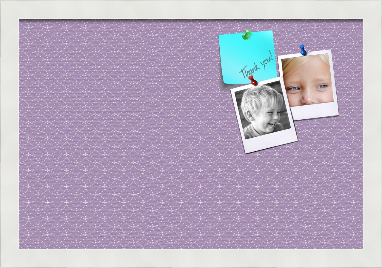 PinPix Custom Bulletin Board Purple Circles Poster Board Has a Fabric Style Canvas Finish, Framed in Satin White Frame, by ArtToFrames (PinPix-493)